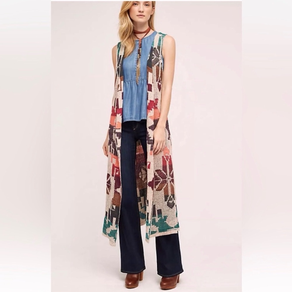 Anthropologie Long Aztec Knit Duster Vest in Cream, Teal, Rust, Brown